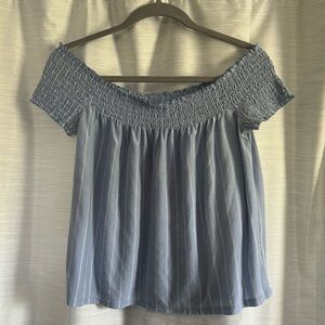American Eagle Blue and White Stripped Off-The-Shoulder Top